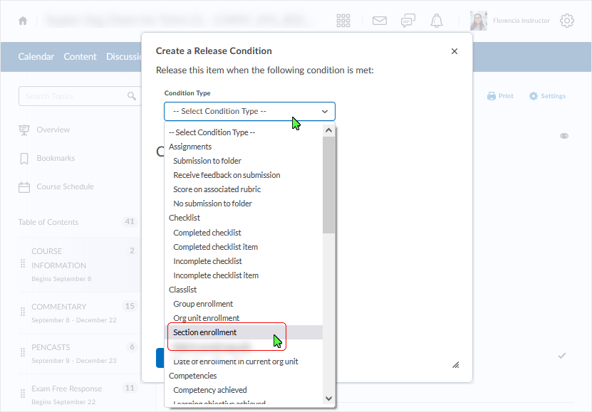 Brightspace screenshot - 20_22_02 - release conditions in the content area - select condition type from "Create a Release Condition" pop-up dialog box