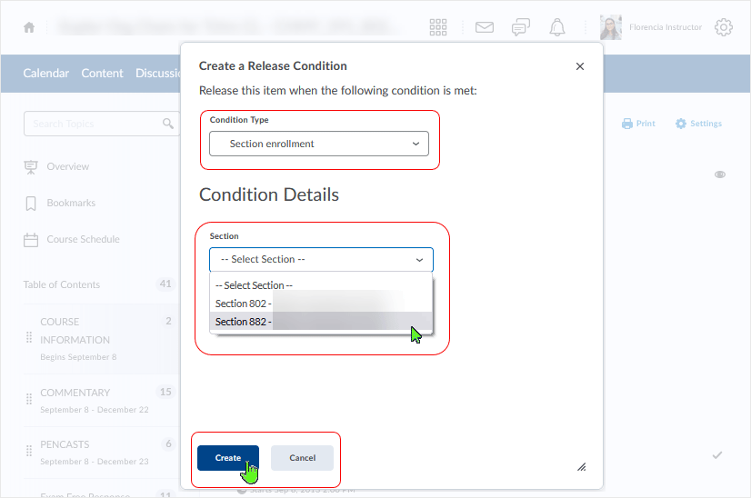 Brightspace screenshot - 20_22_02 - release conditions in the content area - select section enrollment from the "Create a Release Condition" pop-up dialog box