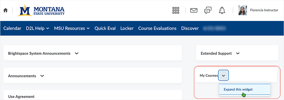 Brightspace screenshot - CD 20_21_06 - expand the my courses widget as necessary