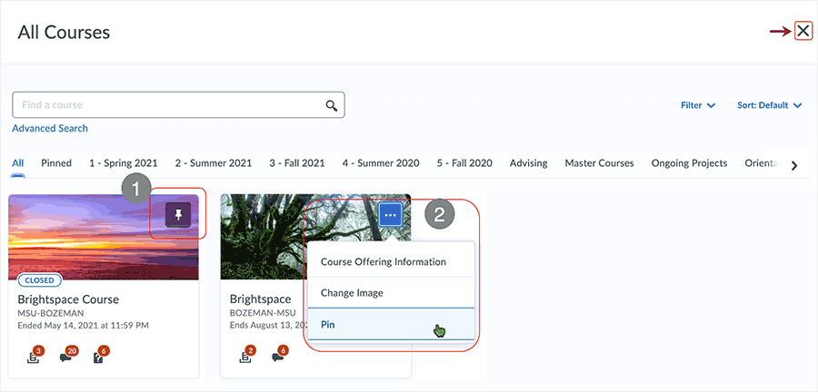 Brightspace screenshot - CD 20_21_06 - shows the pin course mechanism from horizontal ellipse drop menu