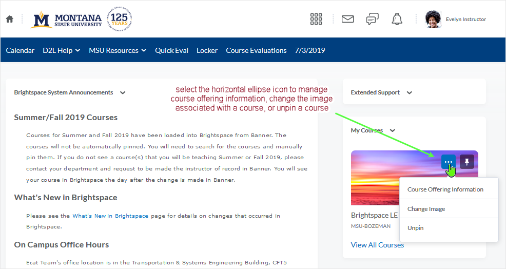 D2L 20.19.6 screenshot - faculty can use context menu to adjust course parameters