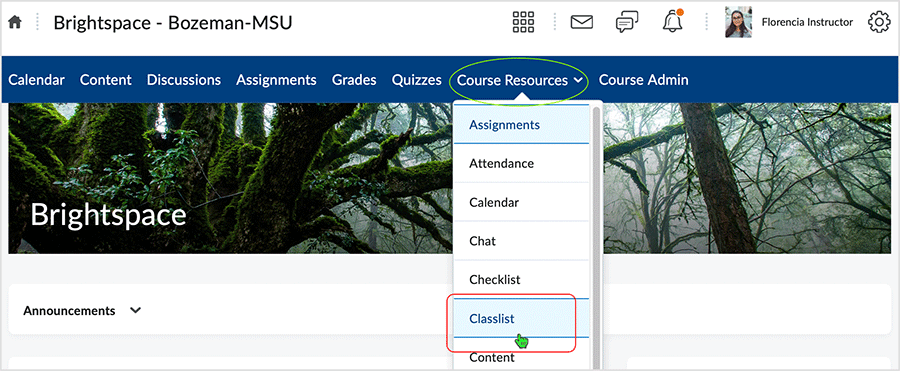 Brightspace 20.23.1 screenshot - selecting classlist from the course resources drop menu