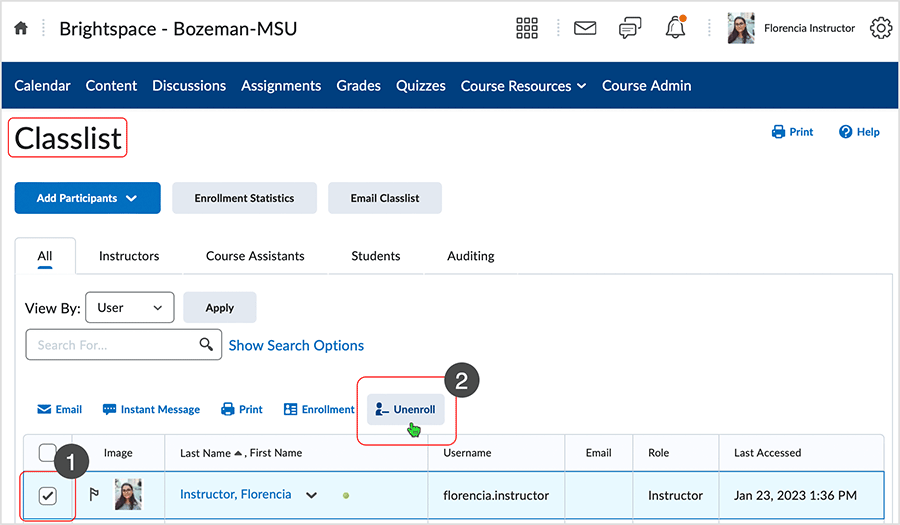 Brightspace 20.23.1 screenshot - select checkbox to left of name and then select "unenroll" button.