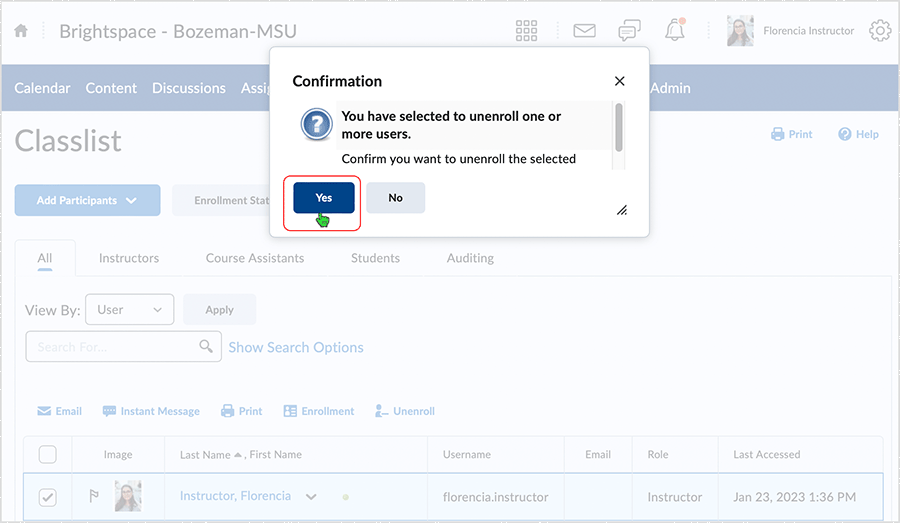 Brightspace 20.23.1 screenshot - select "Yes" to make the change happen