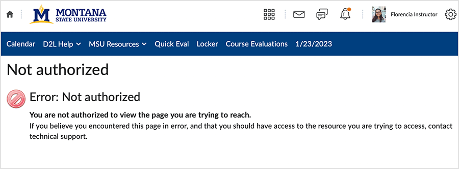 Brightspace 20.23.1 screenshot - "Not Authorized" error code displays