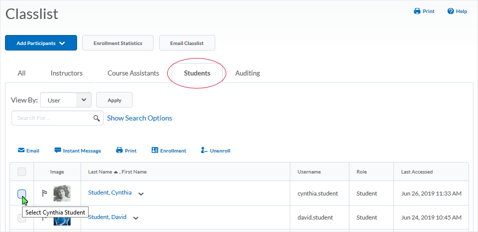 D2L 20.19.6 screenshot - select the checkbox associated with the user to be unenrolled from the course