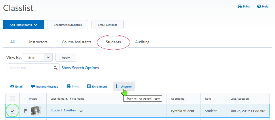 D2L 20.19.6 screenshot - select the unenroll icon at the top of the Classlist table display