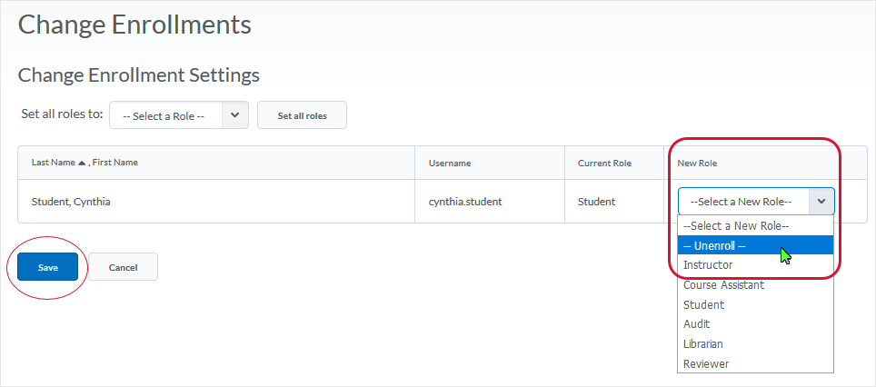 D2L 20.19.6 screenshot - from the New Role drop menu select Unenroll