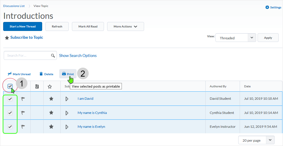 D2L 20.19.6 screenshot - shows display of discussion threads in the grid view format and shows the "Print" link as well