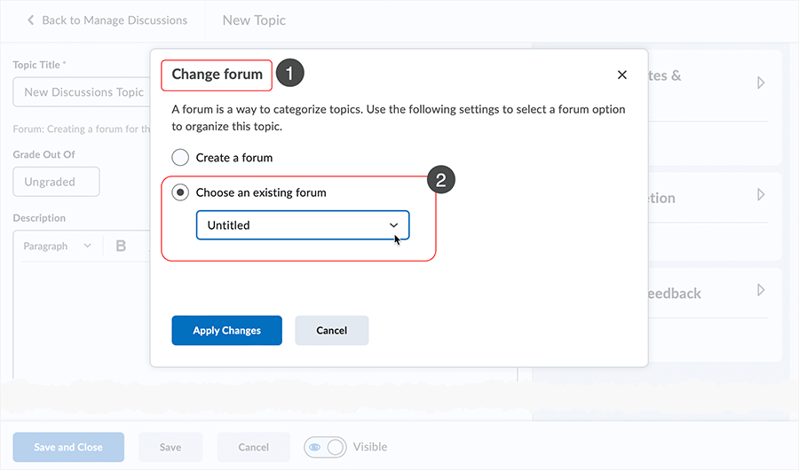 Brightspace screenshot 20.23.04 - "Choose an existing forum" detail