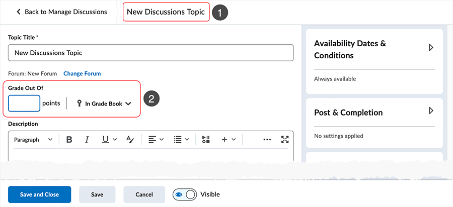 Brightspace screenshot 20.23.04 - selecting "Ungraded" causes "In Grade Book" to display