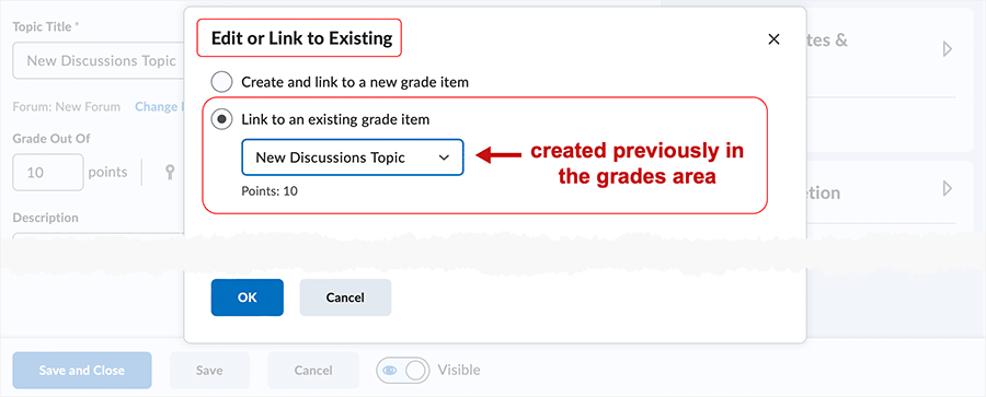 Brightspace screenshot 20.23.04 - selecting "Link to an existing grade item" details