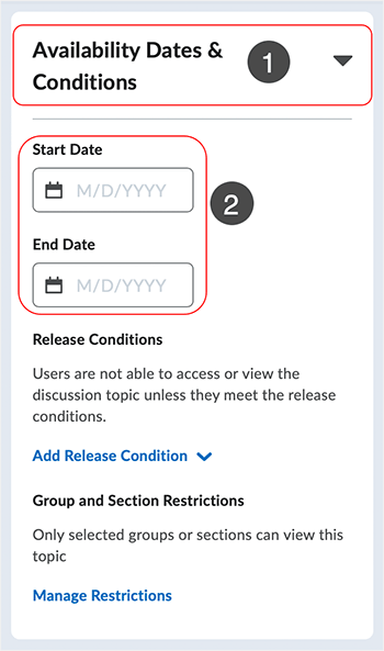 Brightspace screenshot 20.23.04 - refine availability date and time via available settings