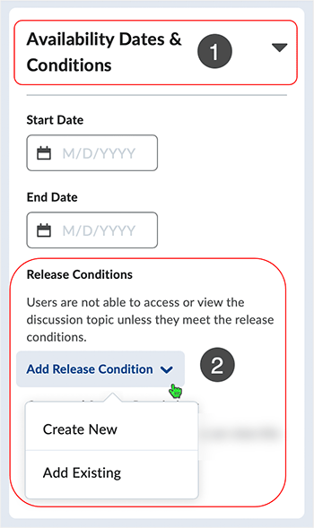 Brightspace screenshot 20.23.04 - select "Add Release Condition" to access available functionality