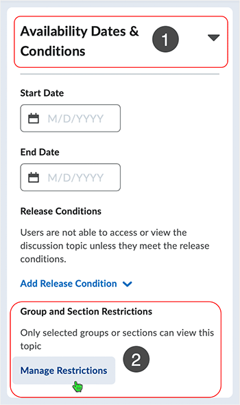 Brightspace screenshot 20.23.04 - select the "Manage Restrictions" button to access available variables