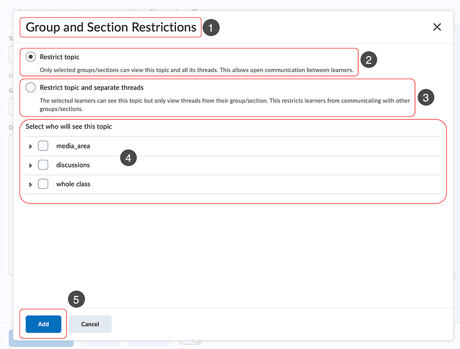 Brightspace screenshot 20.23.04 - The "Group and Section Restrictions page displays
