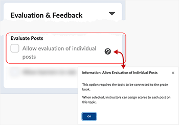 Brightspace screenshot 20.23.04 - evaluation of posts is dependent upon whether or not a grade item is associated with the topic