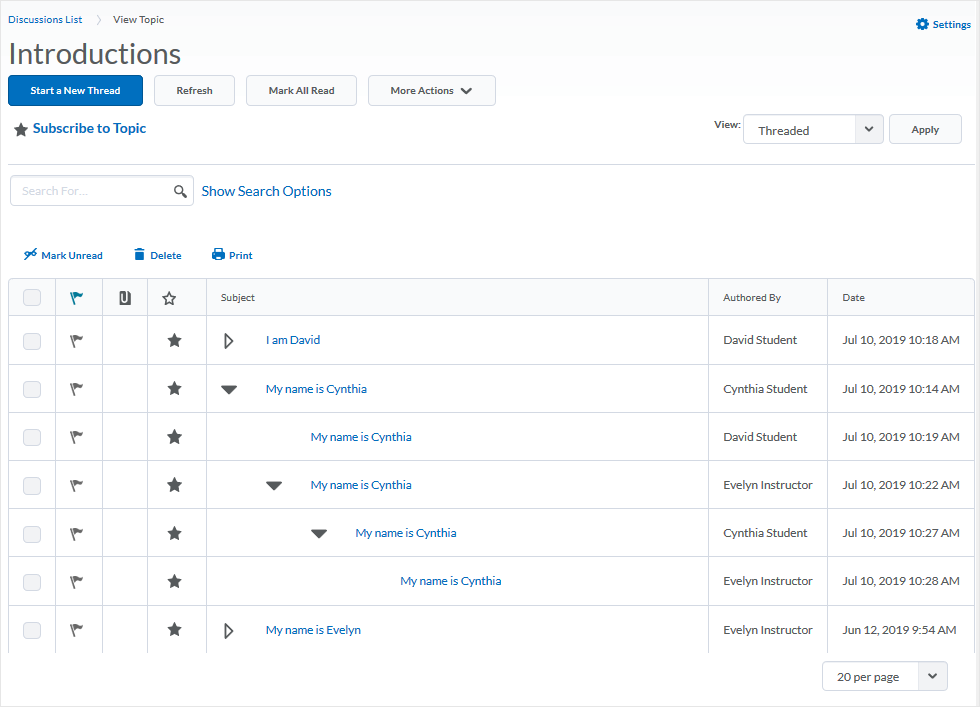 D2L 20.19.6 screenshot - shows Grid view of a Discussions topic