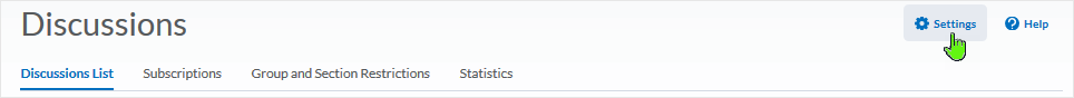 D2L 20.19.6 screenshot - selecting "Settings" in the discussions area