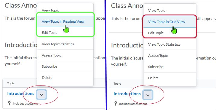 D2L 20.19.6 screenshot - shows how to select Grid view (or Reading View) easily via a contextual drop menu associated with a discussions topic