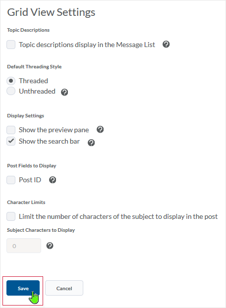 D2L 20.19.6 screenshot - shows Grid View settings screen