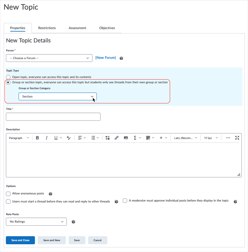 Brightspace 20.22.4 screenshot - new topic creation - select group topic