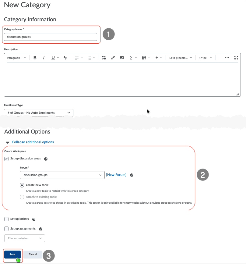 Brightspace 20.22.4 screenshot - create "Category" and "Set up discussion areas"