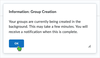 Brightspace 20.22.4 screenshot - "Information: Group Creation" dialog box displays
