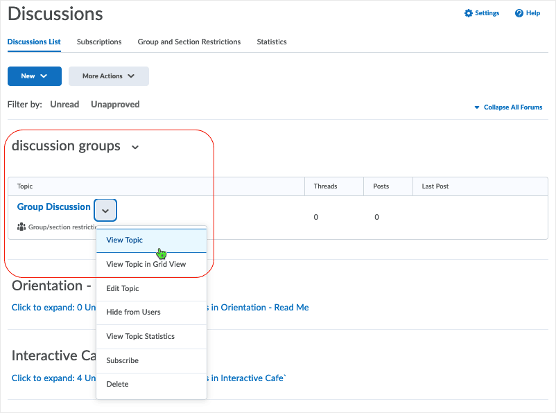 Brightspace 20.22.4 screenshot - select "View Topic" from contextual menu to access the topc