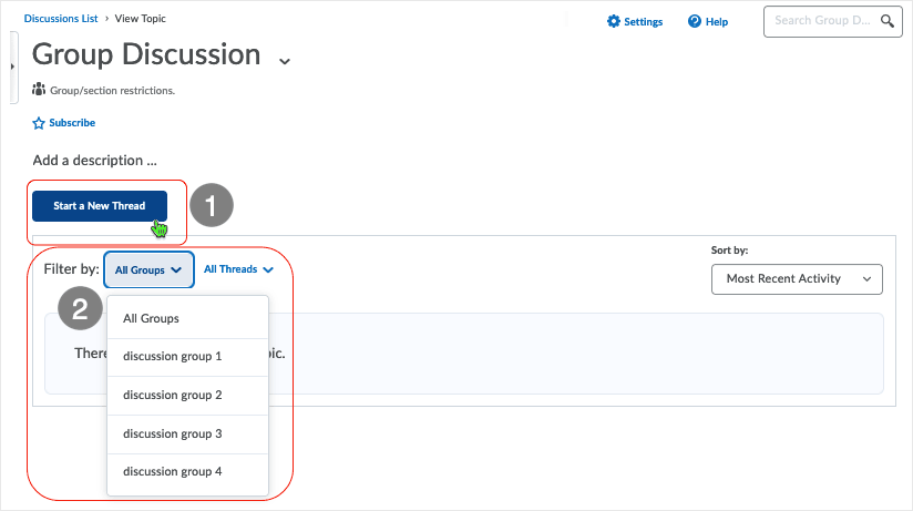 Brightspace 20.22.4 screenshot - select to start a new thread and use "Filter by:" to send the thread to all groups or to specific groups as desired