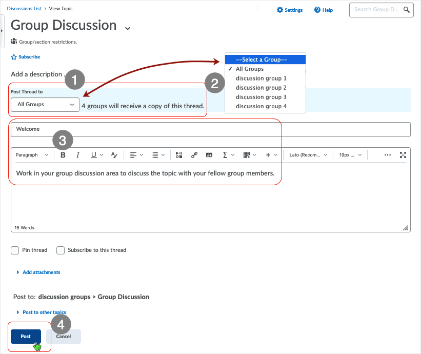 Brightspace 20.22.4 screenshot - post the thread to selected group(s)