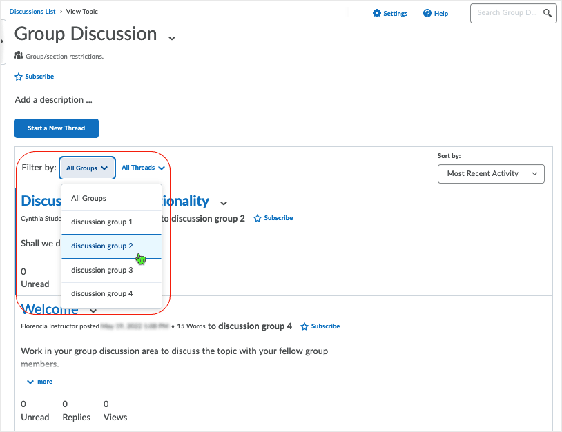 Brightspace 20.22.4 screenshot - isolate to specific groups when viewing the topic by using the "Filter by:" function