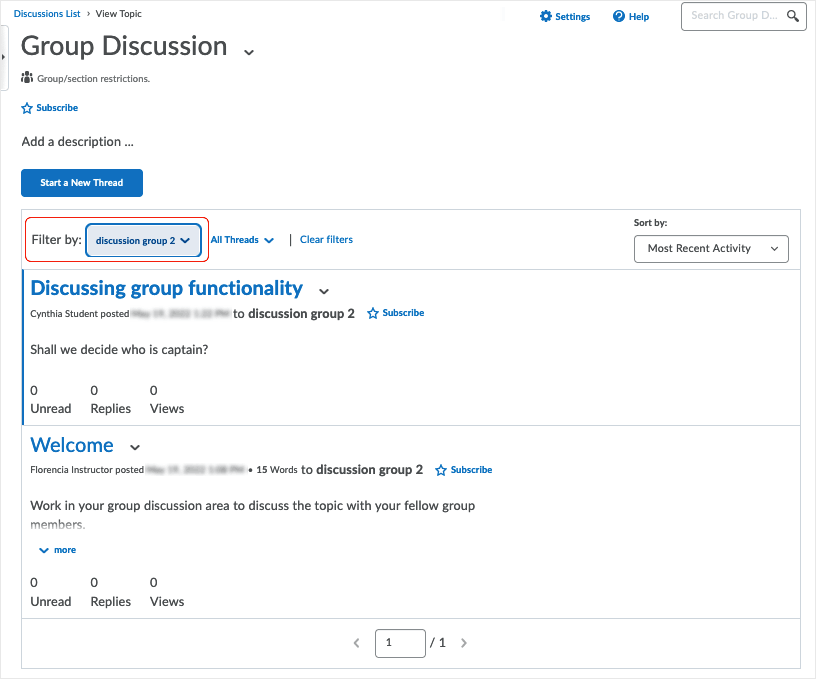 Brightspace 20.22.4 screenshot - filtering by "discussion group 2" shows only threads belonging to group 2