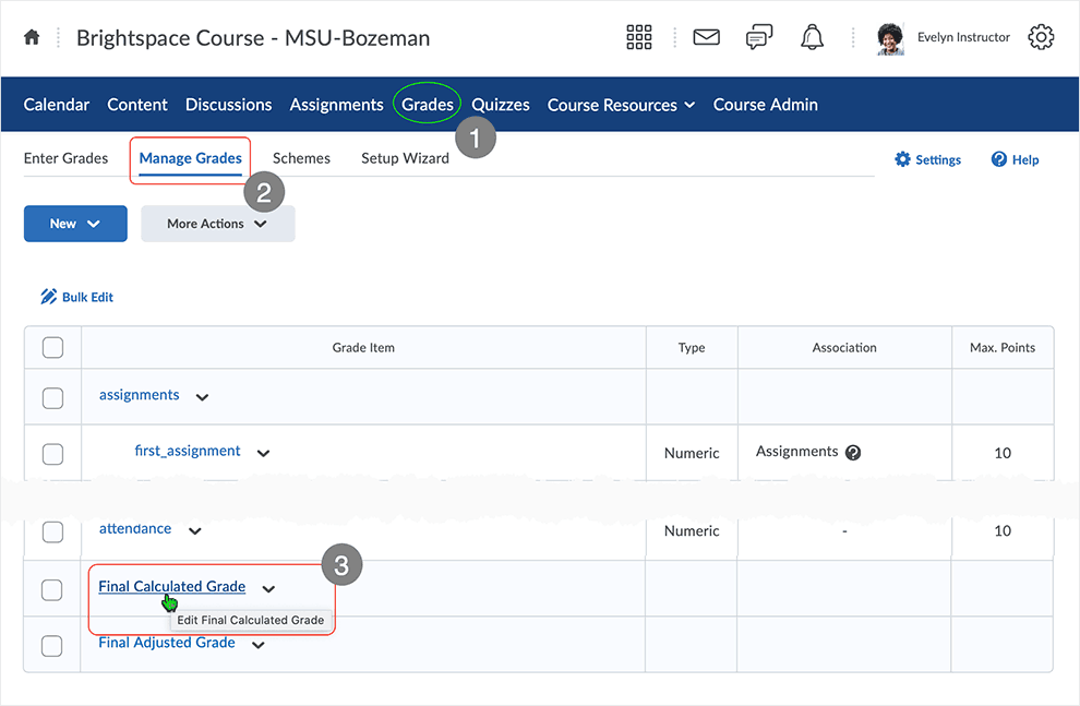 Brightspace screenshot - CD 20_20_10 - Manage Grades page showing how to Edit a Final Calculated Grade