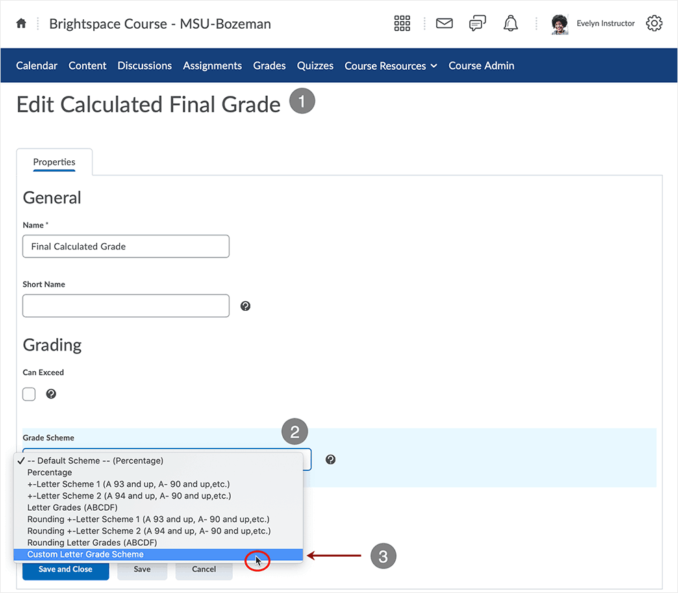 Brightspace screenshot - CD 20_20_10 - Grade item Edit page showing selection of scheme from the "Grade Scheme" drop menu