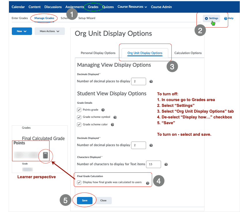 Brightspace screenshots - CD 20_20_10 - infographic help sheet combining screenshots to show functionality in "Settings" area of Grades