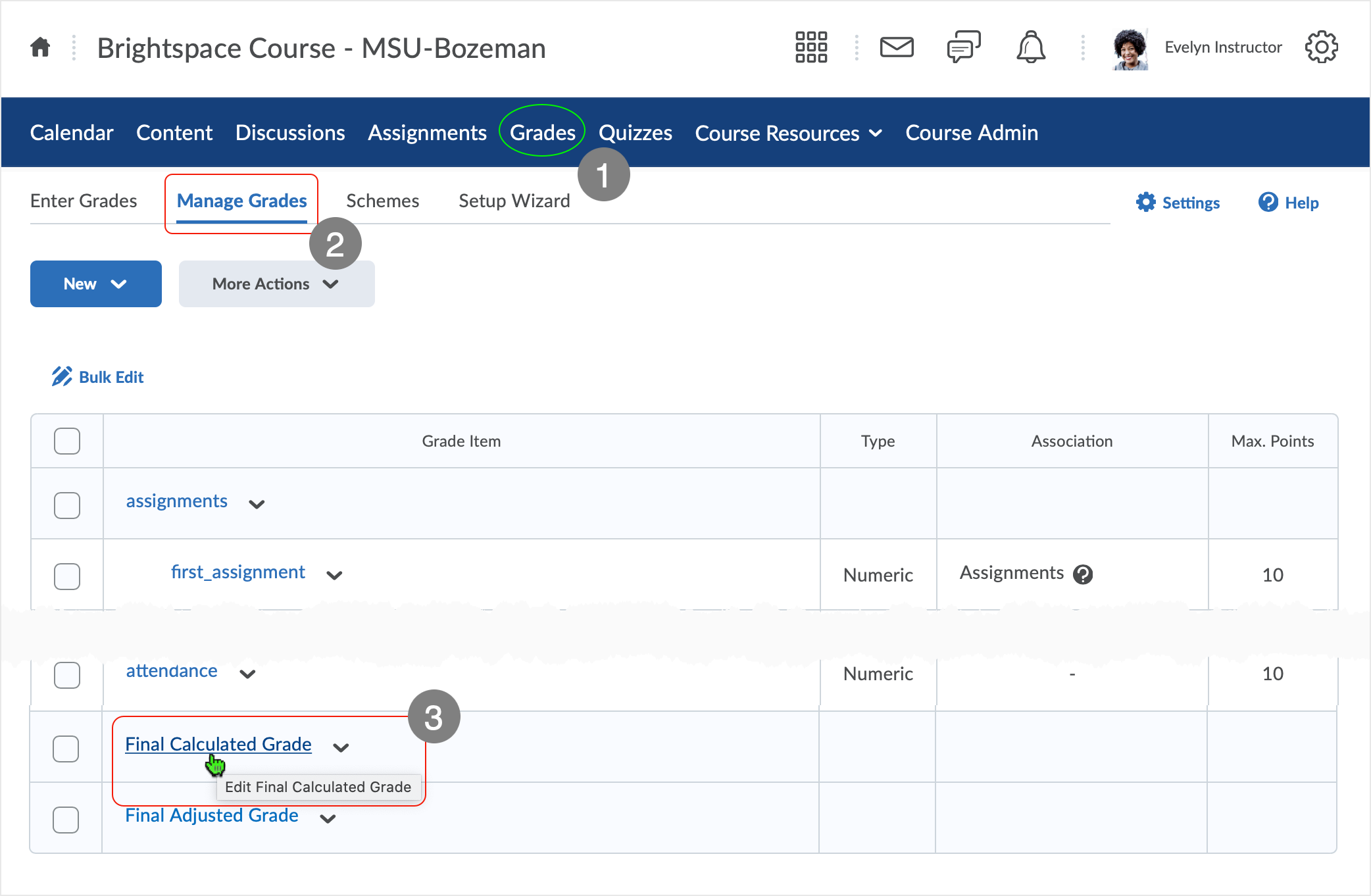 Brightspace screenshot - CD 20_20_10 - Manage Grades page showing how to Edit a Final Calculated Grade