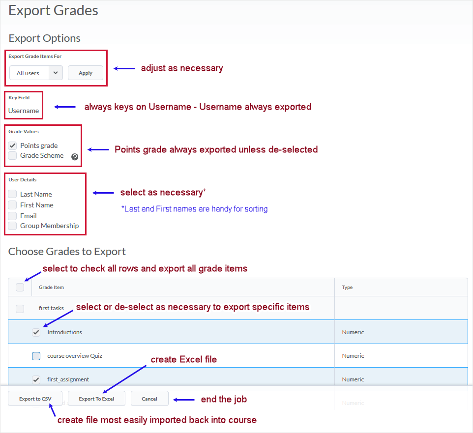 D2L 20.19.6 screenshot - shows the Export Grades page with all options