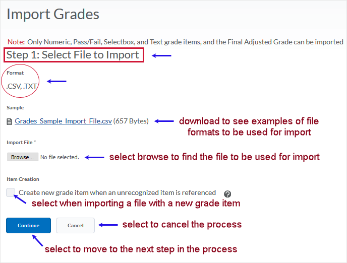D2L 20.19.6 screenshot - Step 1 select file page described