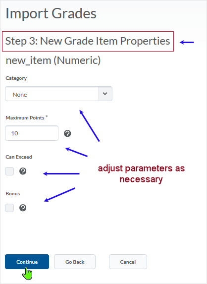 D2L 20.19.6 screenshot - assigning new grade items properties in Step 3 of the process
