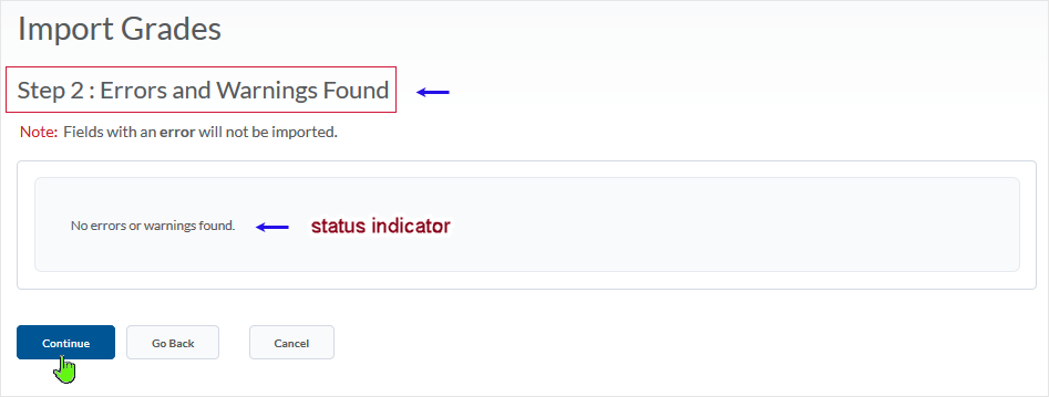 D2L 20.19.6 screenshot - detail of step 2 of the import process - no errors is the status in this example