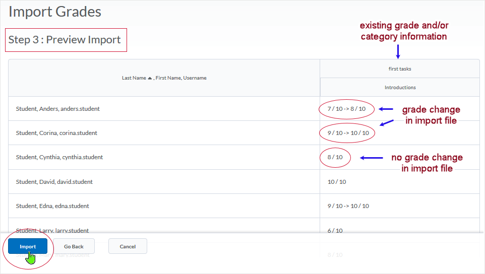 D2L 20.19.6 screenshot - Step 3 of the process - Preview Import