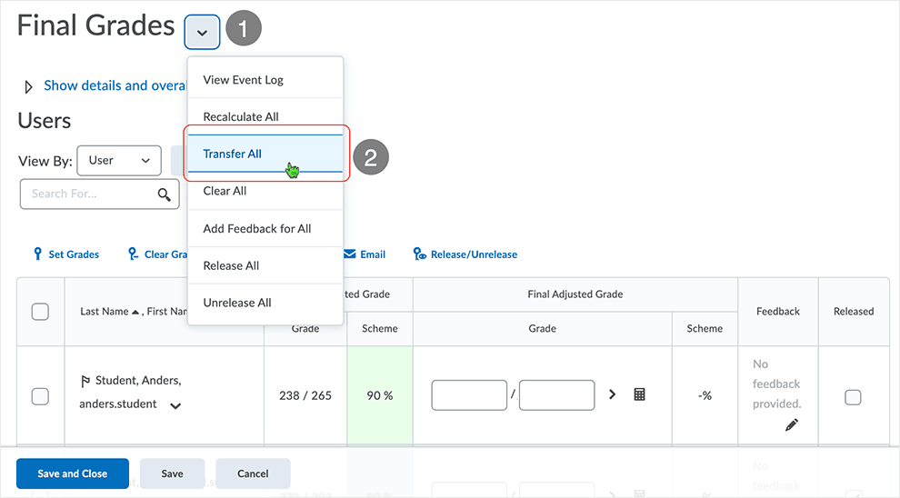 Brightspace screenshot - CD 20_21_04 - use Transfer All to move the grades from the Final Calculated Grade column to the Adjusted Final Grade column