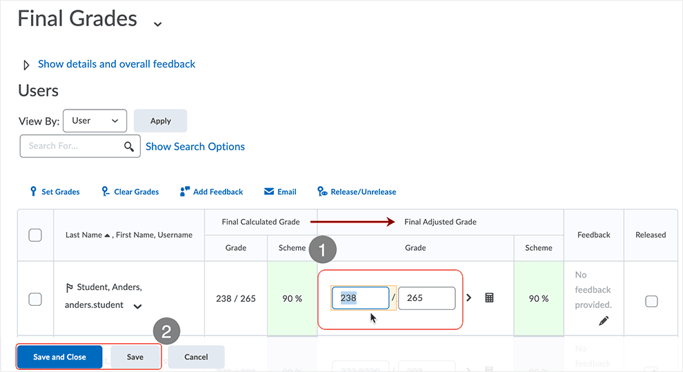 Brightspace screenshot - CD 20_21_04 - adjust any scores as necessary - then select to save