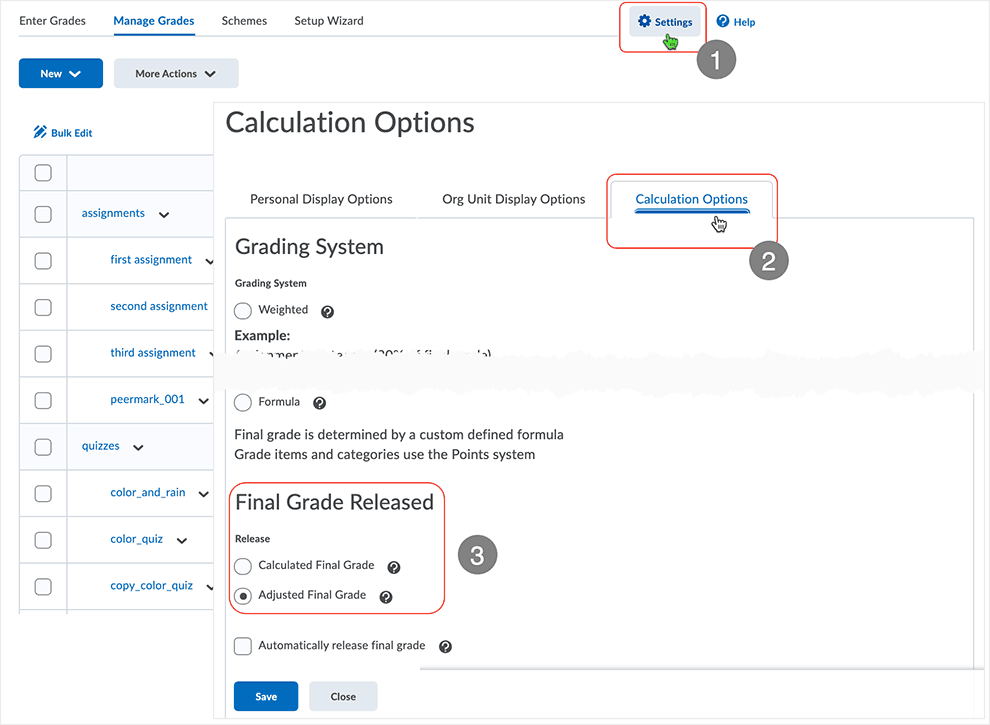 Brightspace screenshot - CD 20_21_04 select to release the Final Adjusted Grade via the Settings > Calculation Options area