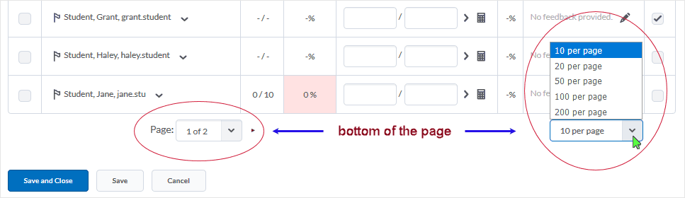 D2L20.19.6 screenshot - dropbox associated with the "Results Per Page" display controller