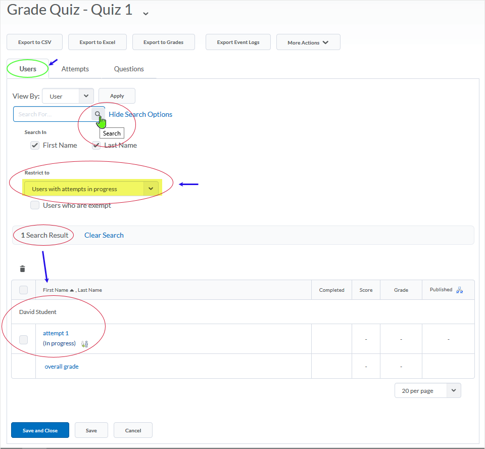 D2L 20.19.6 screenshot - select the magnifying glass to launch the search and results will be shown below