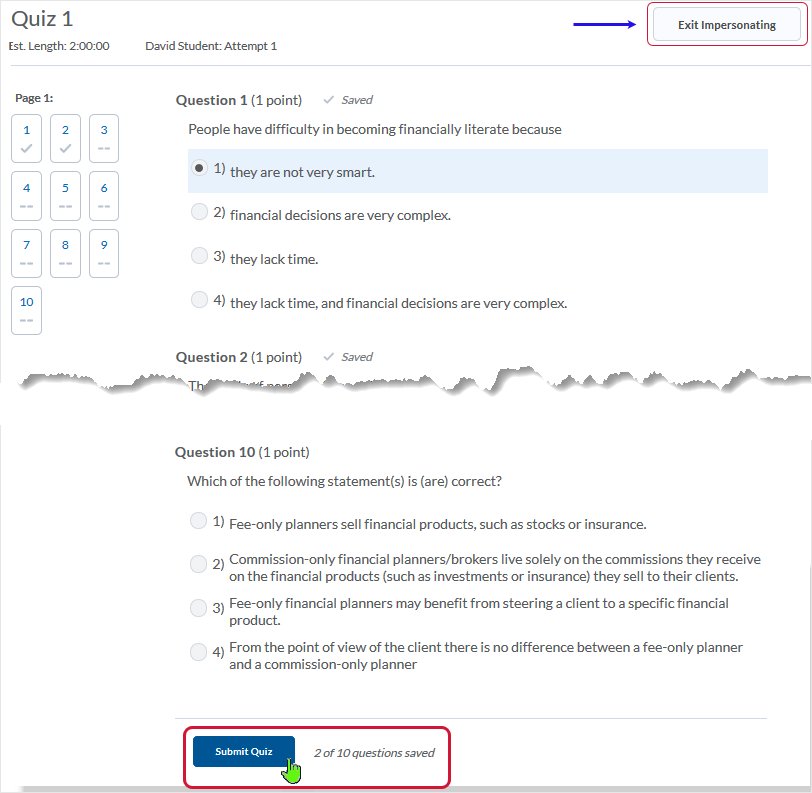 D2L 20.19.6 screenshot - Go to Submit Quiz button