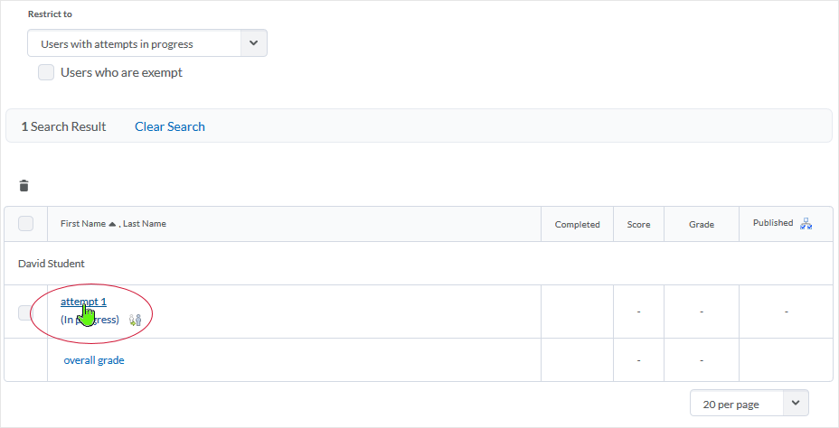 D2L 20.19.6 screenshot - select the attempt 1 link