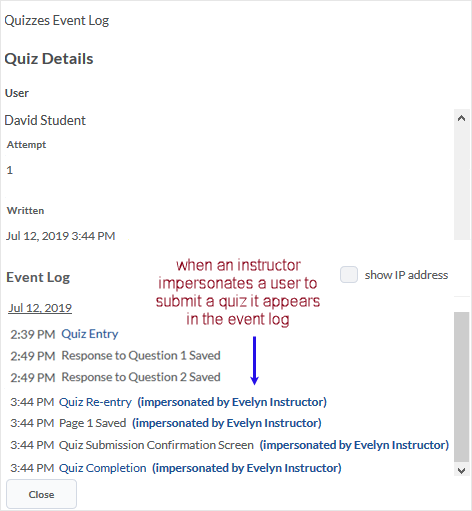 D2L 20.19.6 screenshot - Quizzes Event Log detail